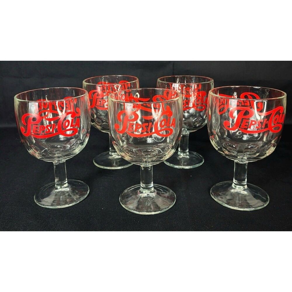 Vintage 70s Pepsi Cola Set of Five Heavy Glass Thumbprint Drinking Goblets